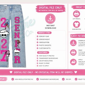 May include: A digital graphic design file for apparel featuring light blue denim jeans with pink varsity-style numbers 2027, the word SENIOR in pink block letters, and cartoon character illustrations including skulls with bows and various figures.
