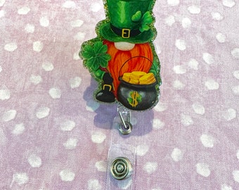 St. Patrick's Day Gnome Badge Reel: Glitter Lucky Clover Swivel Clip