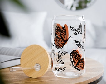 Butterfly Glass Tumbler: 16oz Coffee Cup with Bamboo Lid