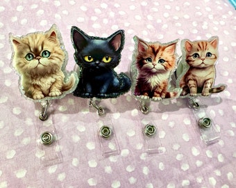 Glitter Cat Badge Reel: Acrylic Kitten Swivel Alligator Clip