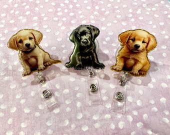 Labrador & Golden Retriever Puppy Badge Reel: Glitter Acrylic Alligator Clip