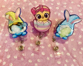 Easter Badge Reel: Bunny, Chick, Glitter Alligator Clip