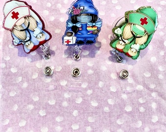 Nurse Gnome Badge Reel: Glitter Acrylic Alligator Clip