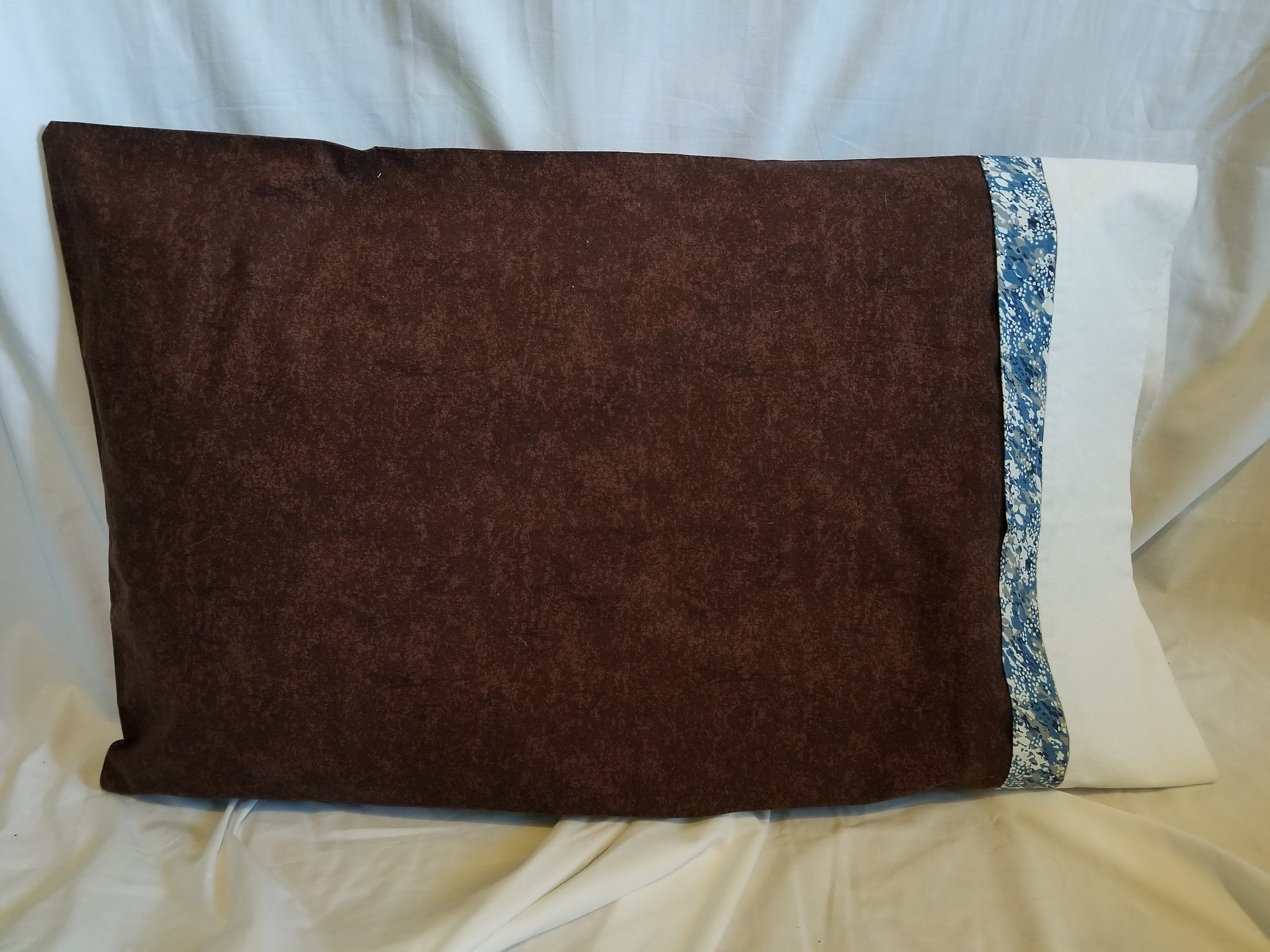 Brown pillowcase with blue and white trim Etsy