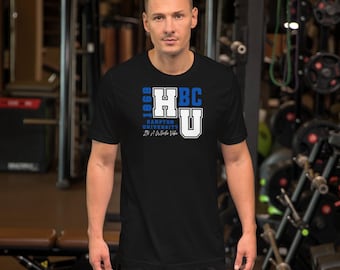 May include: Black t-shirt with a white and blue graphic design. The design includes the letters "HBC" and "U" with the words "Hampton University" and the text "It's A Whole Vibe". The year "1868" is also included in the design.
