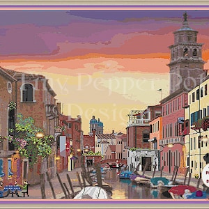 Sunset on the Canal - cross stitch pattern of Venice at Sunset