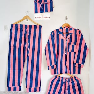 Pink and blue stripes print Long pajamas | Hand block print pajamas | Beach wear pajamas | Bridesmaid pajamas | Gift for Christmas.