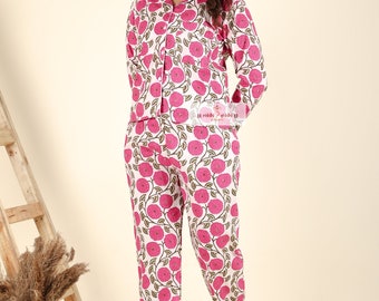 Neue Ankunfts-Rosa-Blumen-Handblock-Pyjama-Set, reiner Baumwoll-Pyjama, Blumendruck-Nachtwäsche-Pyjama-Set, bequemes Lounge-Wear-Pyjama-Set