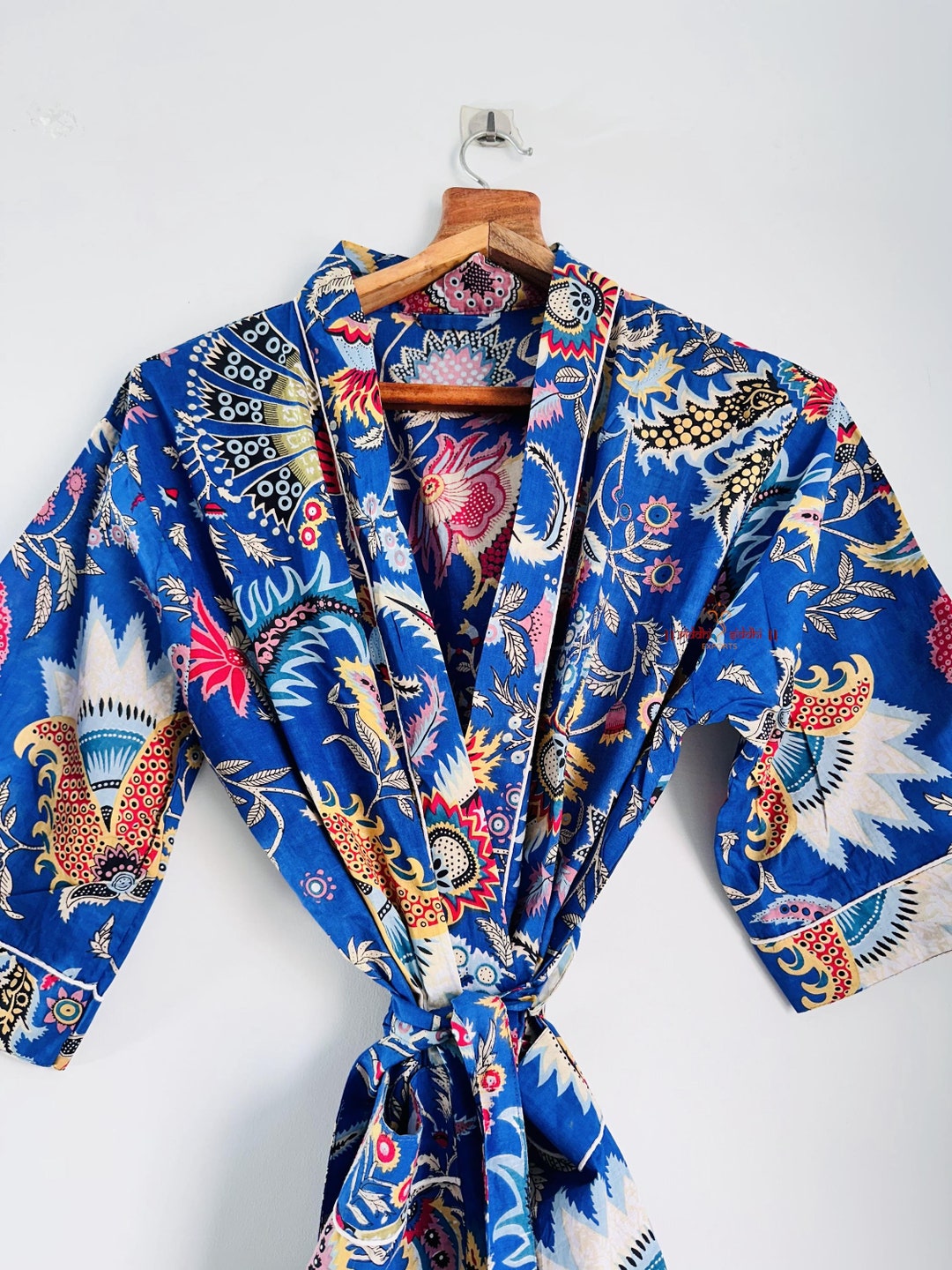 Indian Made Cotton Kimono Robe | Blue Color Bath Robe | Floral Print ...