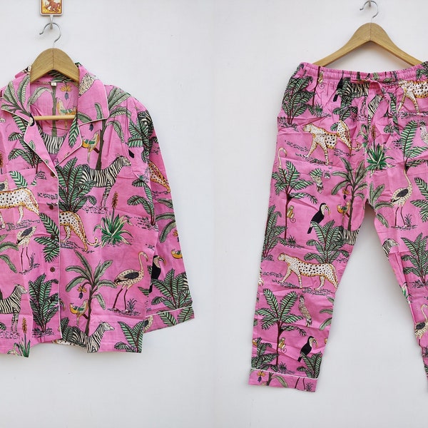 Pink jungle print Pure cotton pyjamas,jungle handblock print pjs pajamas set,night wear,soft cotton night pyjamas set