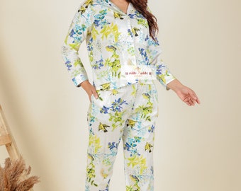 Vogelblatt-Druck-Pyjama-Set, reiner Baumwolle-Pyjama, Vogel-Druck-Nachtwäsche-Pyjama-Set, bequemes Lounge-Wear-Pyjama-Set