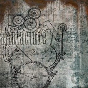 May include: A black and white illustration of a complex gear system with multiple cogs and wheels. The illustration is on a textured background with a faded, distressed look.