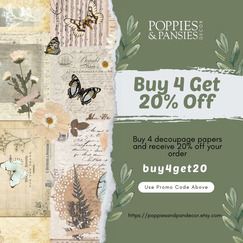 'Buy 4 Get 20% Off', 'Buy 4 decoupage papers and receive 20% off your order', 'buy4get20', 'Use Promo Code Above', and