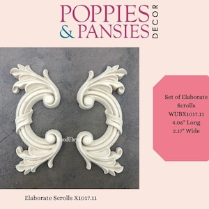 May include: A set of two white, ornate, decorative scrolls. Each scroll is 4.06 inches long and 2.17 inches wide. The scrolls are made of a lightweight material and are perfect for adding a touch of elegance to any home decor project.