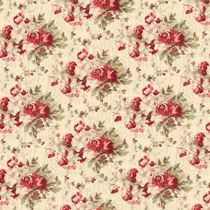 Puede incluir: Un patr&oacute;n sin costuras con un dise&ntilde;o repetitivo de rosas rojas y blancas con hojas verdes sobre un fondo crema.