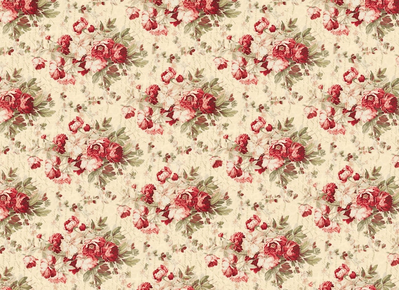 Puede incluir: Un patr&oacute;n sin costuras con un dise&ntilde;o repetitivo de rosas rojas y blancas con hojas verdes sobre un fondo crema.