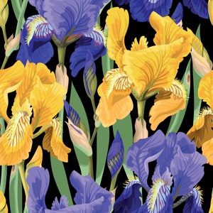 May include: A seamless pattern featuring yellow and purple iris flowers with green leaves on a black background.