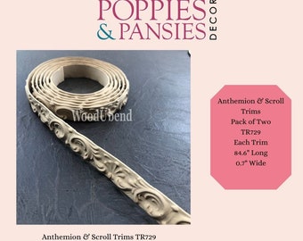 May include: A pack of two wood trim pieces with an intricate scroll design. Each trim is 84.6 inches long and 0.7 inches wide. The trim is called "Anthemion & Scroll Trims TR729".