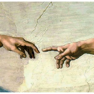 May include: A close-up of two hands reaching towards each other, with one hand slightly extended. The hands are painted in a realistic style with detailed skin tones and textures. The background is a light beige with subtle brushstrokes.