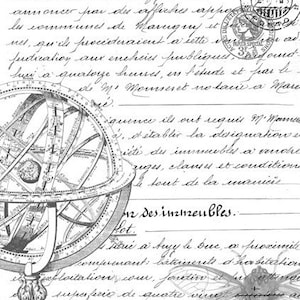 May include: A black and white image of a vintage celestial globe with a detailed design. The globe is surrounded by handwritten text in French, including the words "Sapoleos" and "P-34491".