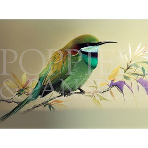 Vibrant Green Bee-Eater_ Exquisite Bird on Branch with Purple & Green Leaves_ DIY, Home Décor, Furniture, Scrapbooking, and other projects.