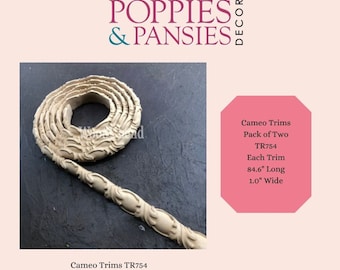 May include: A pack of two 84.6-inch long and 1-inch wide wood trim molding with a decorative design. The trim is beige in color and is coiled up. The text on the image reads "Cameo Trims Pack of Two TR754 Each Trim 84.6" Long 1.0" Wide".