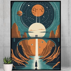 May include: A framed art print featuring a retro-style space scene. The artwork depicts a bridge with two figures, a large orange planet, and a person standing in a river. The color palette includes teal, orange, and white.
