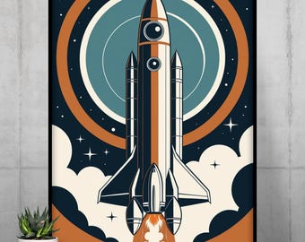 Lámina artística de cohete de ciencia ficción retro, póster de viajes espaciales de mediados de siglo (descarga digital)