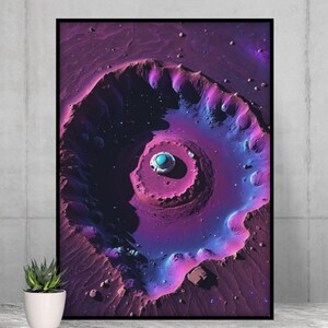 May include: A framed wall art print featuring a vibrant purple and blue cosmic landscape with a large crater. In the center of the crater sits a small, circular white and teal spacecraft. The artwork is displayed in a thin black frame.