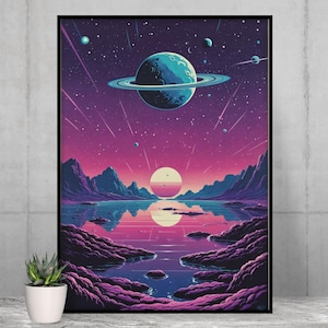 May include: A framed vertical wall art print featuring a vibrant space landscape with a large ringed planet in a purple and pink starry sky above a calm body of water, jagged rocky terrain, and a glowing sun on the horizon reflecting on the surface.