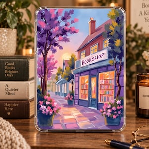 Purple Sunset Bookstore Kindle Insert | Cozy Bookshop E-Reader Decor | Clear Case Insert | Book Lover Gift
