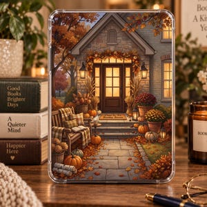 May include: A clear protective tablet case featuring a printed illustration of a cozy house entrance decorated for autumn with pumpkins, fall foliage, a wooden bench with a plaid blanket, and a doormat with the text Come In, It's Reading Season.