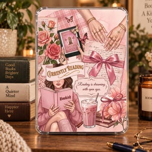 Inserto rosa para Kindle con la frase "Actualmente leyendo" / Decoración blanca para lector electrónico de chica lectora / Inserto para funda transparente / Regalo para lectores