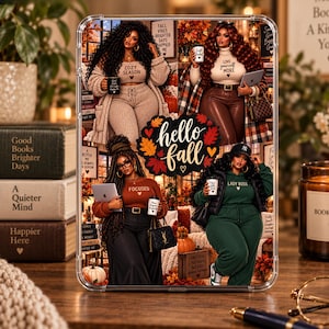 Hello Fall Curvy Black Girls Kindle Insert | Plus Size Autumn Reader Decor | Clear Case E-Reader Insert | Book Lover Gift
