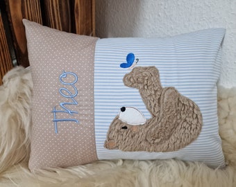 Kissen Taufkissen Bär Teddy Schmetterling Punkte hellbeige Streifen hellblau 2tl & Wunschnamen W802