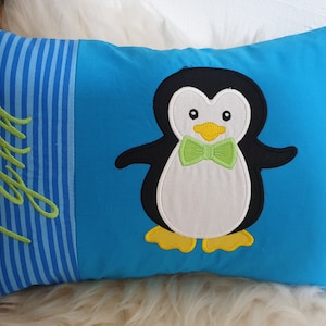 Kissen Pinguin blaue Streifen uni türkis & Wunschnamen W1354