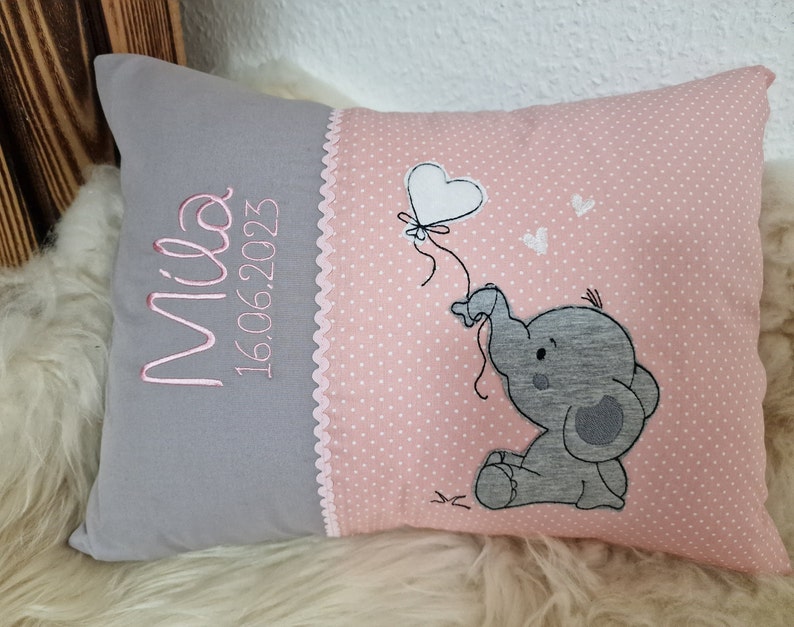 Taufkissen Kissen Elefant Herz uni grau rosa Punkte & Wunschnamen Bild 1