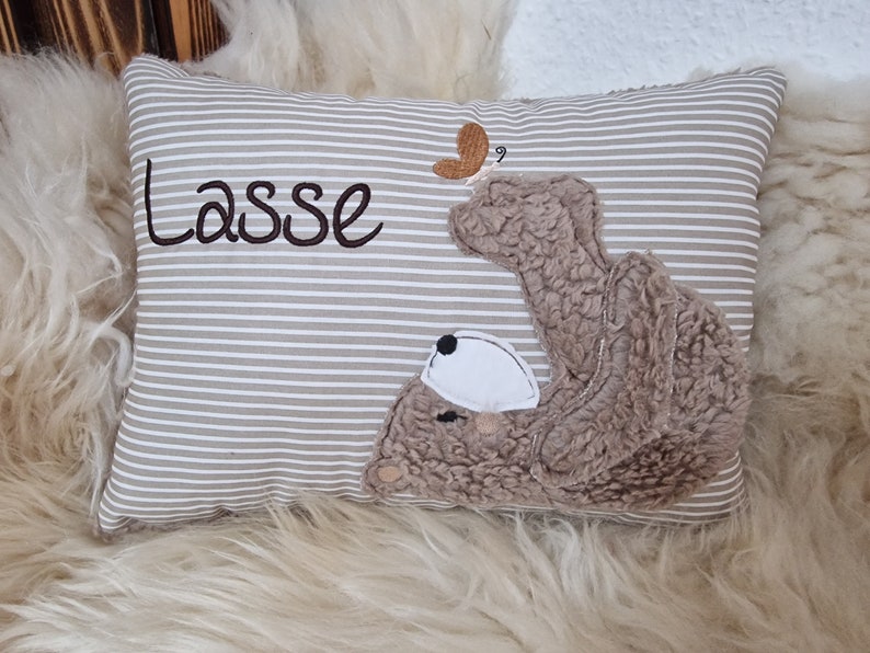 Kissen Taufkissen Bär Teddy Schmetterling beige Streifen & Wunschnamen 20 x 30 cm