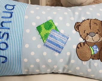 Kissen Teddy Bär Flickenbär blaue Streifen Dots hellblau & Wunschnamen