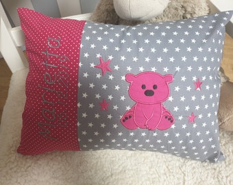 Kissen Bär Teddy pink Sterne grau & Wunschnamen