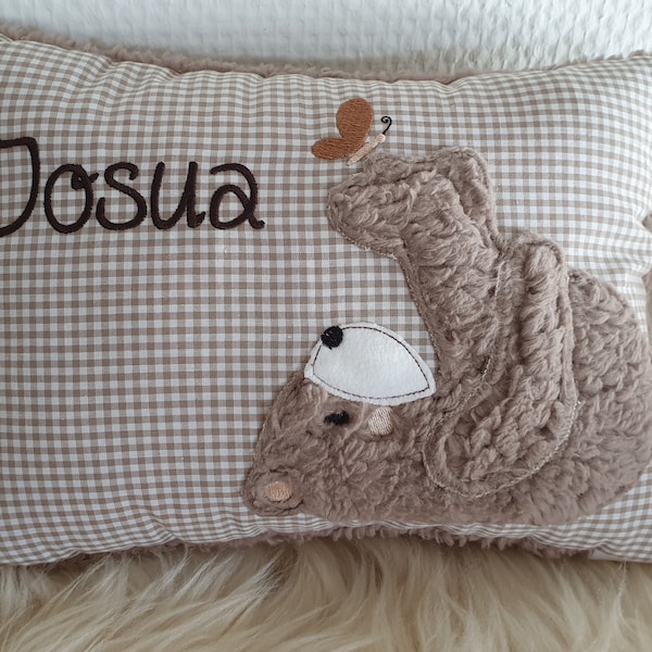 Kissen Taufkissen Bär Teddy Schmetterling beige Karo II & Wunschnamen