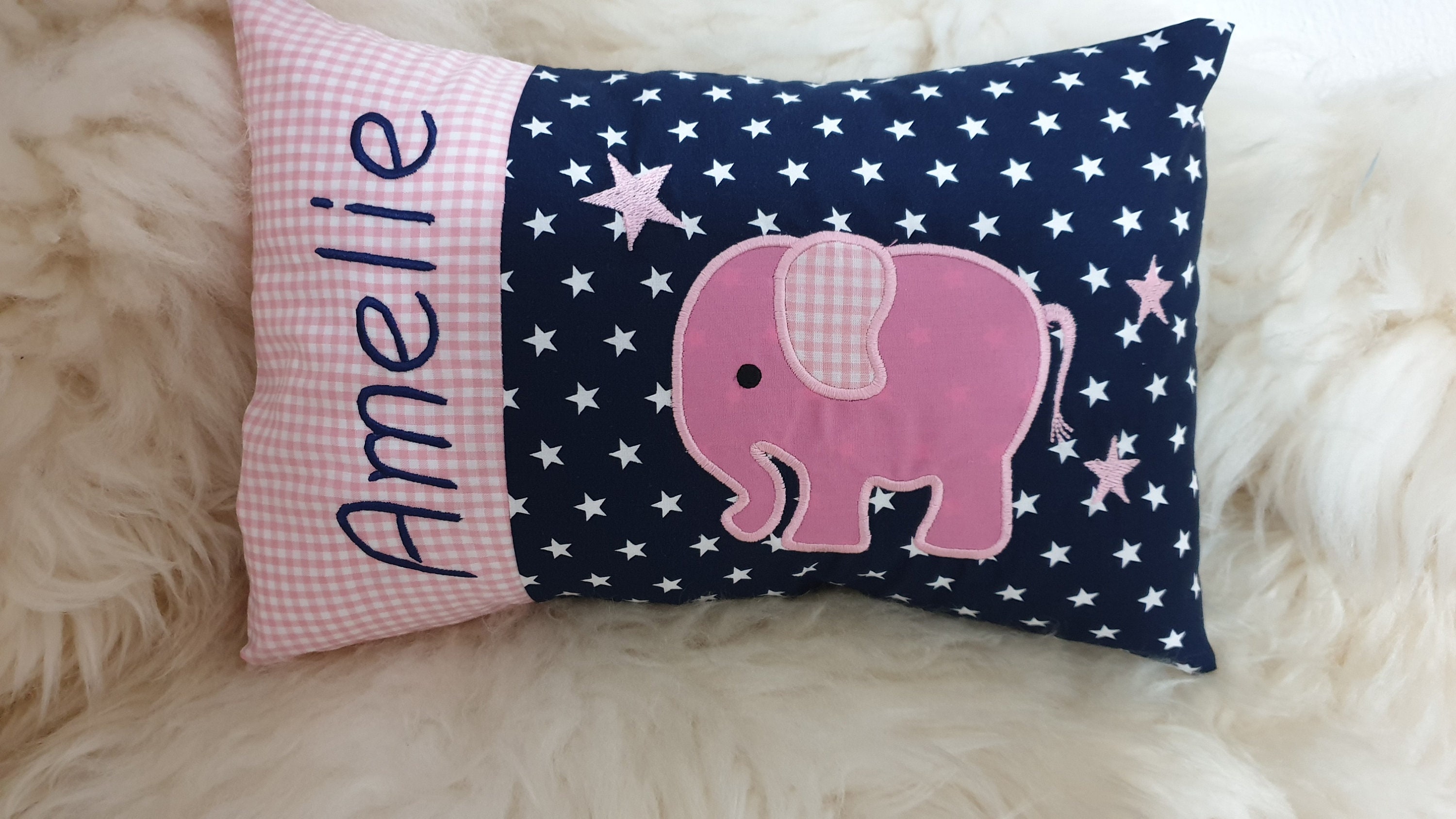 Kissen Elefant Karo rosa Sterne dunkelblau & Wunschnamen W842