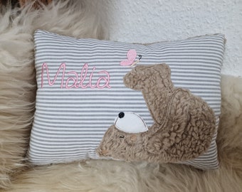 Kissen Taufkissen Bär Teddy Schmetterling Streifen grau rosa Schrift & Wunschnamen W819