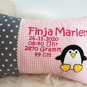 Kissen Pinguin graue Sterne Karo rosa  & Wunschnamen W1072