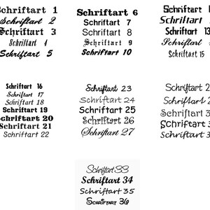 Puede incluir: Imagen en blanco y negro que muestra 36 estilos de fuente diferentes, cada uno etiquetado con la palabra alemana "Schriftart" seguida de un n&uacute;mero. Las fuentes var&iacute;an en estilo, desde serif cl&aacute;sico hasta script moderno.