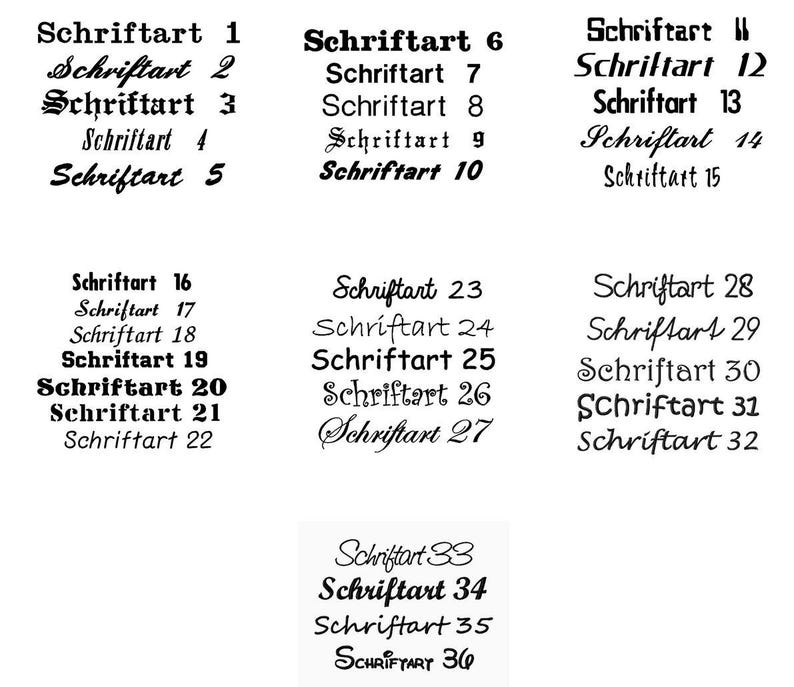 Puede incluir: Imagen en blanco y negro que muestra 36 estilos de fuente diferentes, cada uno etiquetado con la palabra alemana "Schriftart" seguida de un n&uacute;mero. Las fuentes var&iacute;an en estilo, desde serif cl&aacute;sico hasta script moderno.