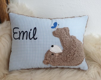 Kissen Taufkissen Bär Teddy Schmetterling blau Karo & Wunschnamen W754