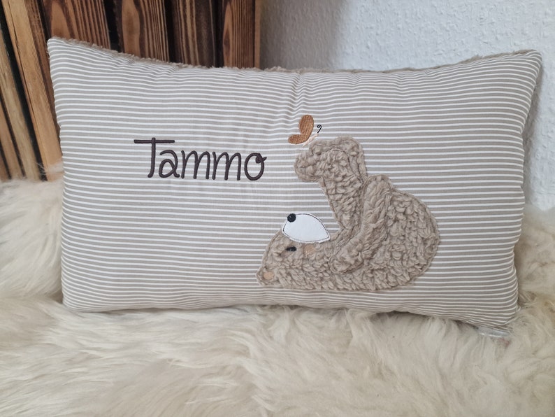 Kissen Taufkissen Bär Teddy Schmetterling beige Streifen & Wunschnamen 30 x 50 cm