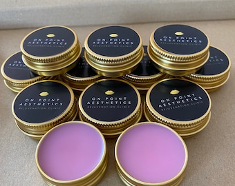 25  Personalised Arnica Lip Balm -Gold, Black, White, pink or Rose Gold- Branded - logo - Post Treatment - Coconut - lip filler -aftercare