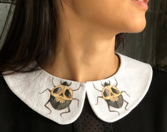 Detachable women's collar with two printed bugs made in white ramie fabric. Halloween/Fall themed accessory